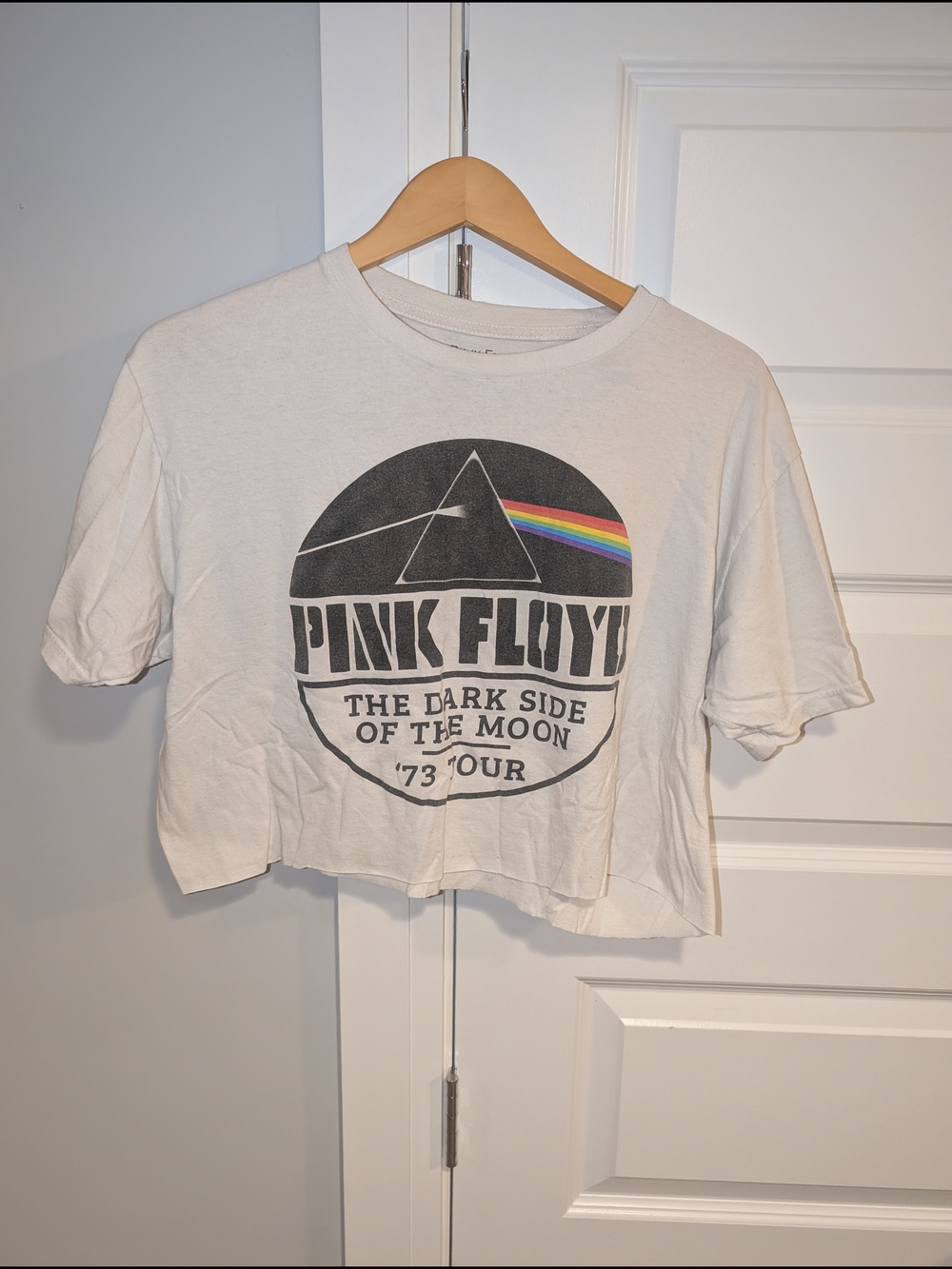 Pink Floyd White Crop Tee with Rainbow Prism Graphic